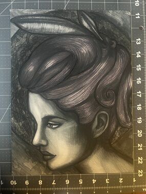 Original art, signed drawing, woman, face, art sale, home decor, feather in hair